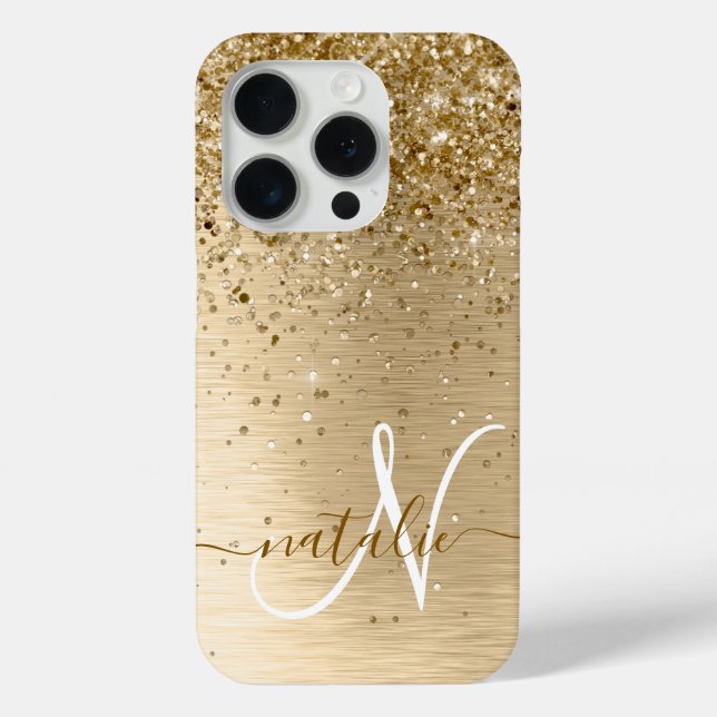 Faux Gold Brushed Metal Glitter Print Monogram Nam Case-Mate iPhone Case (Back)