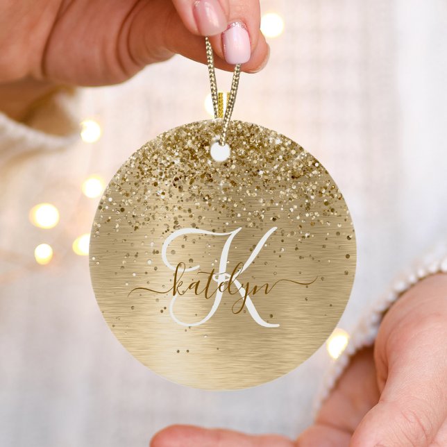 Faux Gold Brushed Metal Glitter Print Monogram Nam Ceramic Ornament (Creator Uploaded)