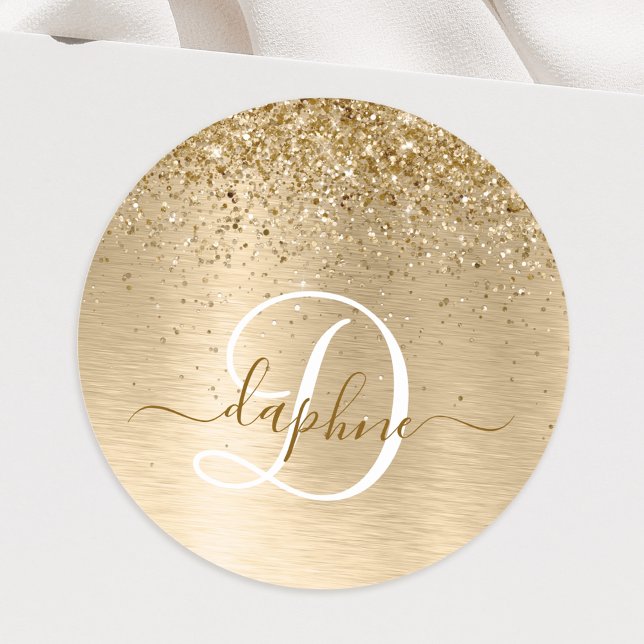Faux Gold Brushed Metal Glitter Print Monogram Nam Classic Round Sticker (Creator Uploaded)
