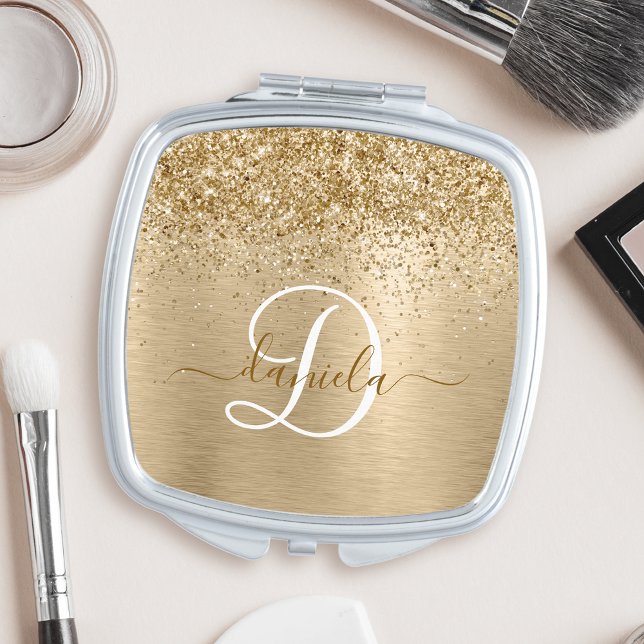 Faux Gold Brushed Metal Glitter Print Monogram Nam Compact Mirror (Creator Uploaded)