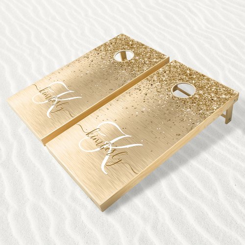 Faux Gold Brushed Metal Glitter Print Monogram Nam Cornhole Set