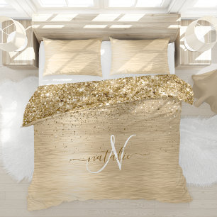 Faux Gold Brushed Metal Glitter Print Monogram Nam Duvet Cover