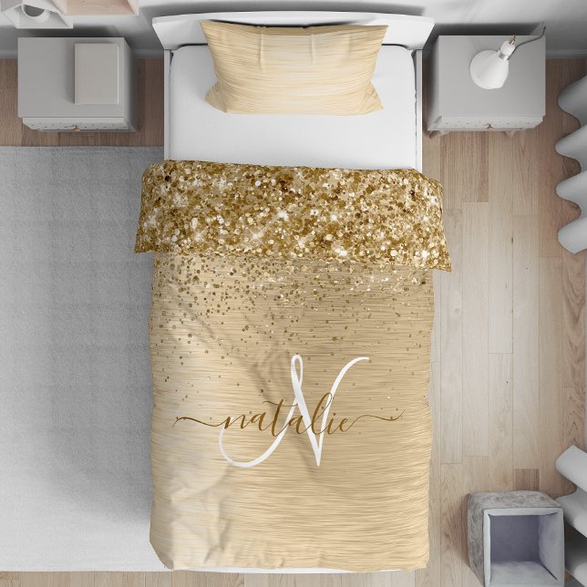 Faux Gold Brushed Metal Glitter Print Monogram Nam Duvet Cover (Creator Uploaded)