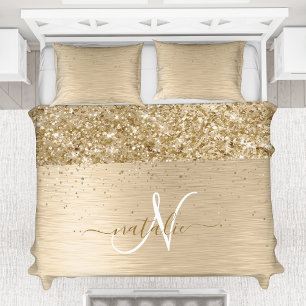Faux Gold Brushed Metal Glitter Print Monogram Nam Duvet Cover