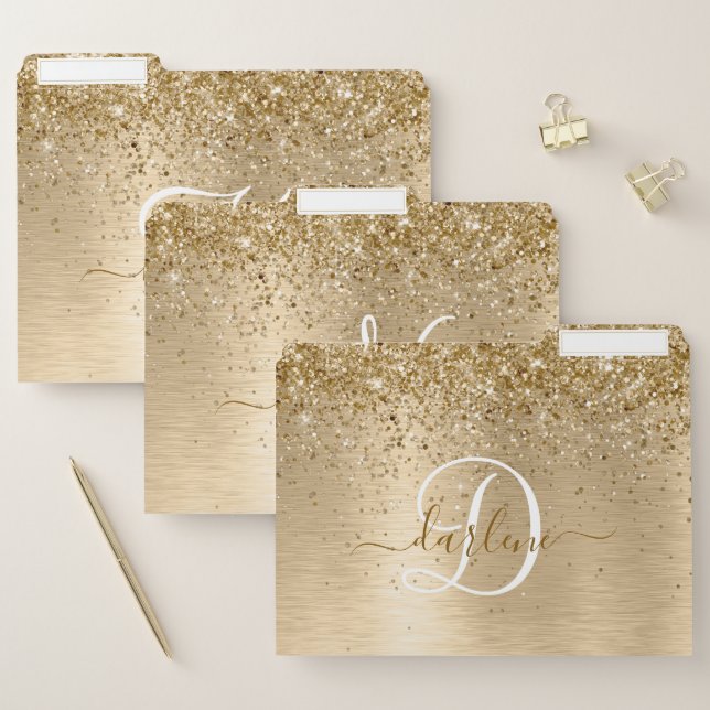Faux Gold Brushed Metal Glitter Print Monogram Nam File Folder (Set)