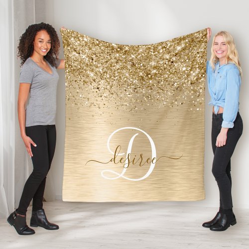 Faux Gold Brushed Metal Glitter Print Monogram Nam Fleece Blanket