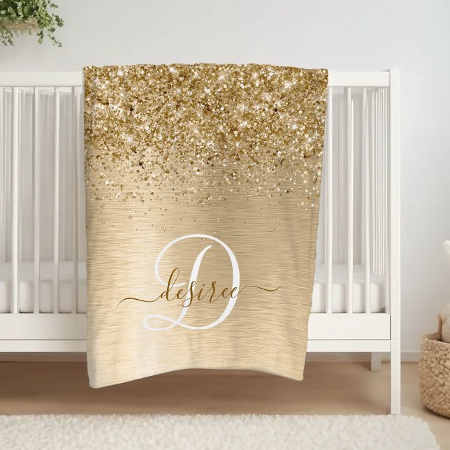 Faux Gold Brushed Metal Glitter Print Monogram Nam Fleece Blanket (Creator Uploaded)
