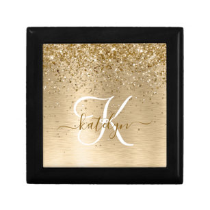 Faux Gold Brushed Metal Glitter Print Monogram Nam Gift Box