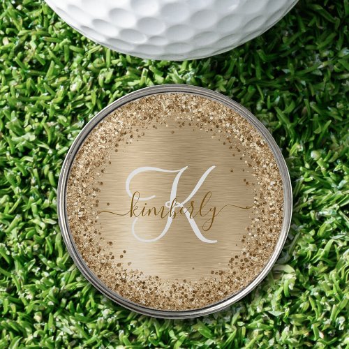 Faux Gold Brushed Metal Glitter Print Monogram Nam Golf Ball Marker