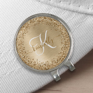 Faux Gold Brushed Metal Glitter Print Monogram Nam Golf Hat Clip