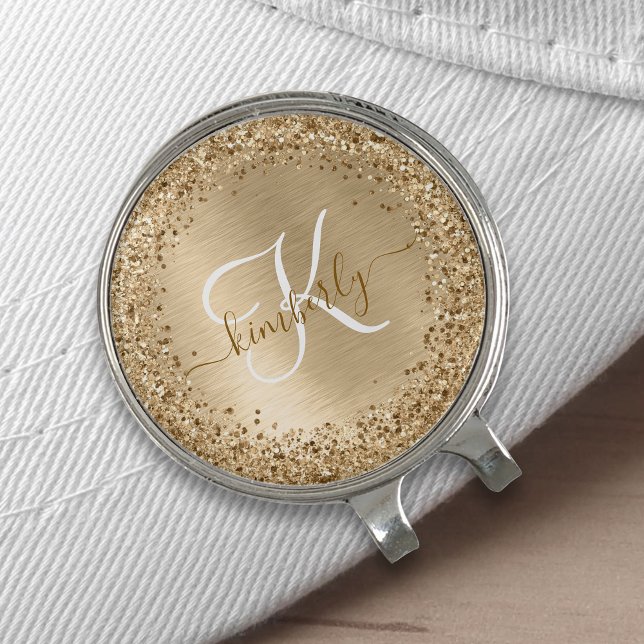 Faux Gold Brushed Metal Glitter Print Monogram Nam Golf Hat Clip (Creator Uploaded)