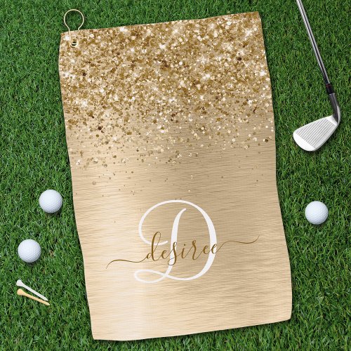 Faux Gold Brushed Metal Glitter Print Monogram Nam Golf Towel