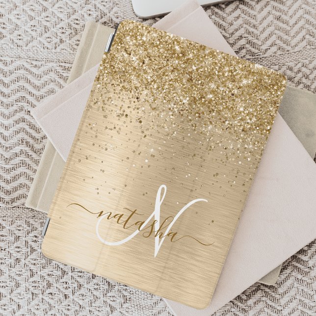 Faux Gold Brushed Metal Glitter Print Monogram Nam iPad Mini Cover (Creator Uploaded)