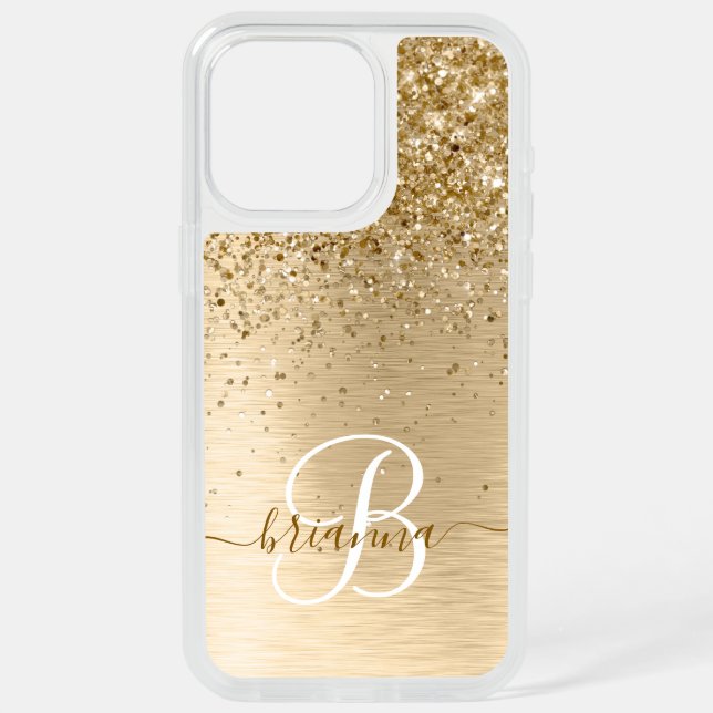 Faux Gold Brushed Metal Glitter Print Monogram Nam iPhone 15 Pro Max Case (Back)