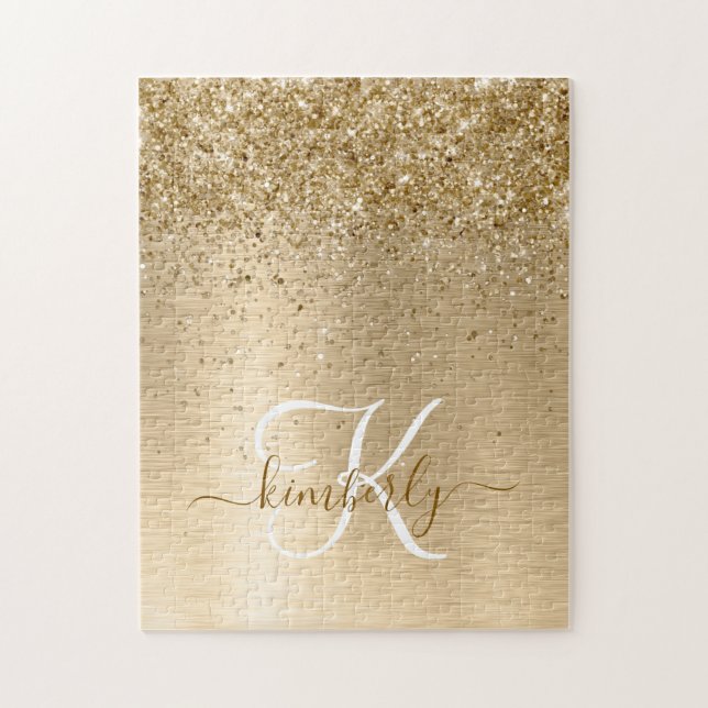 Faux Gold Brushed Metal Glitter Print Monogram Nam Jigsaw Puzzle (Vertical)
