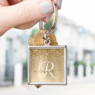 Faux Gold Brushed Metal Glitter Print Monogram Nam Keychain