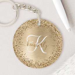 Faux Gold Brushed Metal Glitter Print Monogram Nam Keychain