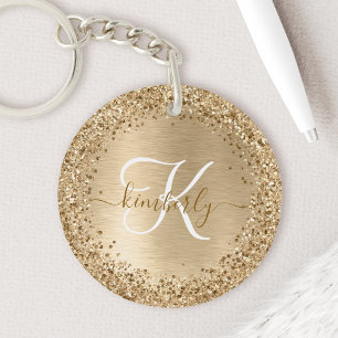 Faux Gold Brushed Metal Glitter Print Monogram Nam Keychain