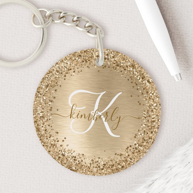 Faux Gold Brushed Metal Glitter Print Monogram Nam Keychain (Creator Uploaded)