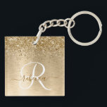 Faux Gold Brushed Metal Glitter Print Monogram Nam Keychain<br><div class="desc">Easily personalize this trendy chic keychain design featuring pretty gold sparkling glitter on a gold brushed metallic background.</div>