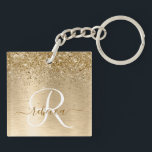 Faux Gold Brushed Metal Glitter Print Monogram Nam Keychain<br><div class="desc">Easily personalize this trendy chic keychain design featuring pretty gold sparkling glitter on a gold brushed metallic background.</div>