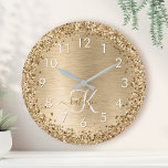 Faux Gold Brushed Metal Glitter Print Monogram Nam Large Clock<br><div class="desc">Easily personalize this trendy chic wall clock design featuring pretty gold sparkling glitter on a gold brushed metallic background.</div>