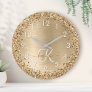 Faux Gold Brushed Metal Glitter Print Monogram Nam Large Clock