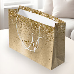 Faux Gold Brushed Metal Glitter Print Monogram Nam Large Gift Bag
