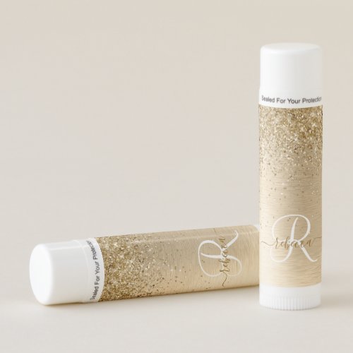 Faux Gold Brushed Metal Glitter Print Monogram Nam Lip Balm