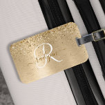 Faux Gold Brushed Metal Glitter Print Monogram Nam Luggage Tag<br><div class="desc">Easily personalize this trendy chic luggage tag design featuring pretty gold sparkling glitter on a gold brushed metallic background.</div>