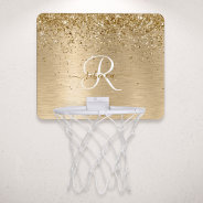Faux Gold Brushed Metal Glitter Print Monogram Nam Mini Basketball Hoop at Zazzle