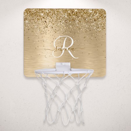 Faux Gold Brushed Metal Glitter Print Monogram Nam Mini Basketball Hoo