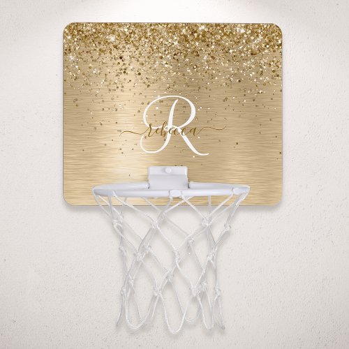 Faux Gold Brushed Metal Glitter Print Monogram Nam Mini Basketball Hoop