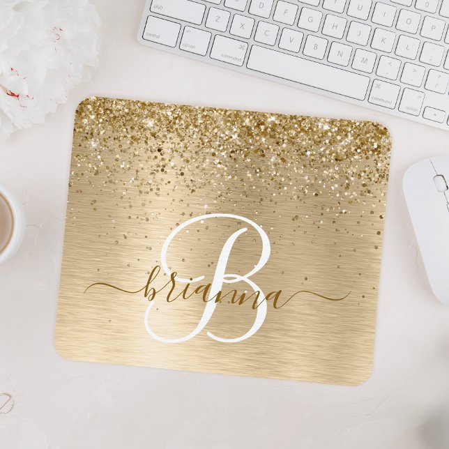 Faux Gold Brushed Metal Glitter Print Monogram Nam Mouse Pad (Creator Uploaded)