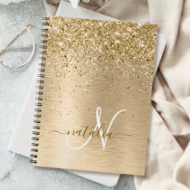 Faux Gold Brushed Metal Glitter Print Monogram Nam Notebook
