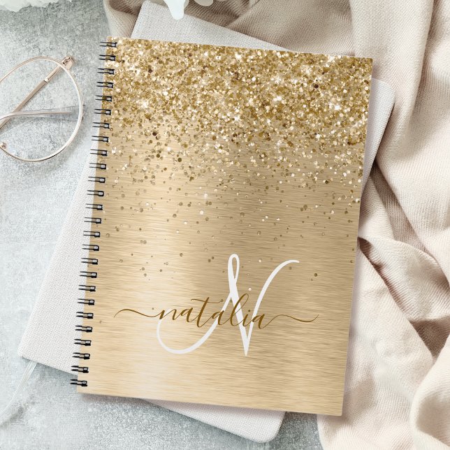 Faux Gold Brushed Metal Glitter Print Monogram Nam Notebook (Creator Uploaded)