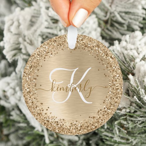 Faux Gold Brushed Metal Glitter Print Monogram Nam Ornament