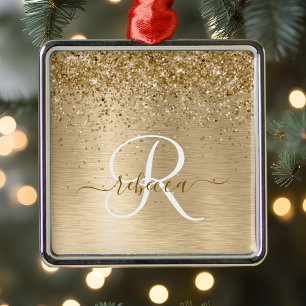 Faux Gold Brushed Metal Glitter Print Monogram Nam Ornament