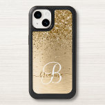 Faux Gold Brushed Metal Glitter Print Monogram Nam OtterBox iPhone 14 Case<br><div class="desc">Easily personalize this trendy chic iPhone case design featuring pretty gold sparkling glitter on a gold brushed metallic background.</div>
