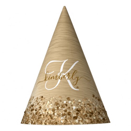 Faux Gold Brushed Metal Glitter Print Monogram Nam Party Hat