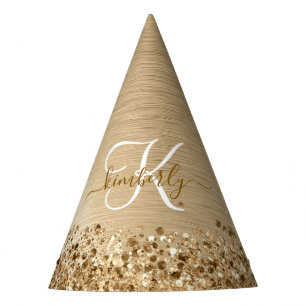 Faux Gold Brushed Metal Glitter Print Monogram Nam Party Hat