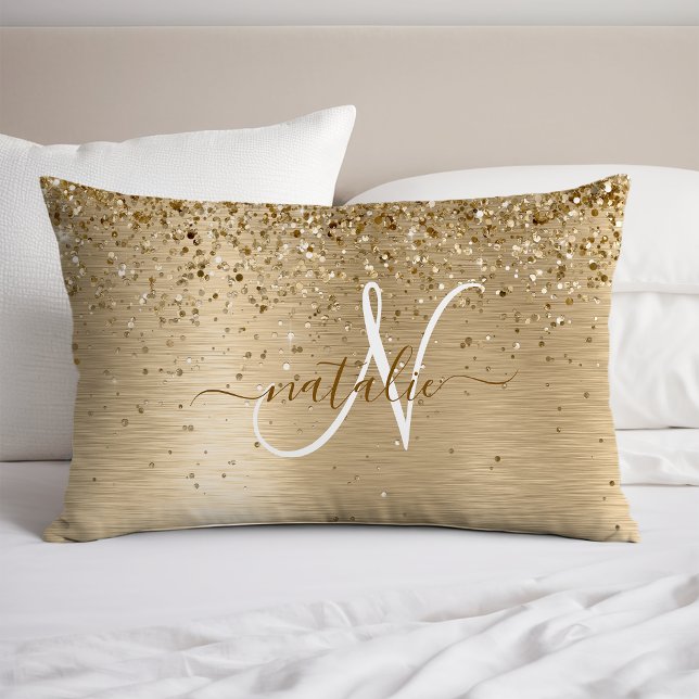 Faux Gold Brushed Metal Glitter Print Monogram Nam Pillow Case (Creator Uploaded)