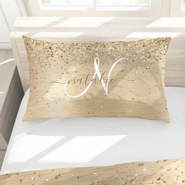 Faux Gold Brushed Metal Glitter Print Monogram Nam Pillow Case (Creator Uploaded)