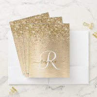 Faux Gold Brushed Metal Glitter Print Monogram Nam