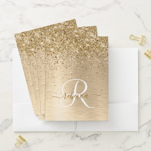 Faux Gold Brushed Metal Glitter Print Monogram Nam Pocket Folder