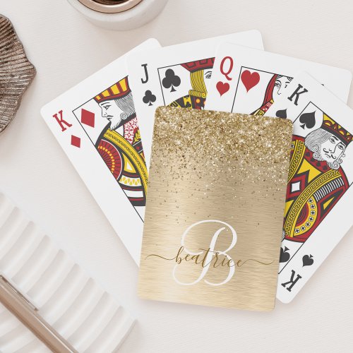 Faux Gold Brushed Metal Glitter Print Monogram Nam Poker Cards