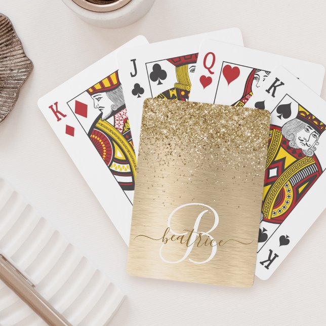 Faux Gold Brushed Metal Glitter Print Monogram Nam Poker Cards (Creator Uploaded)