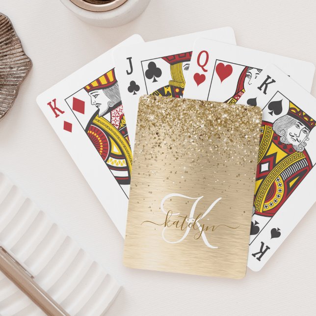 Faux Gold Brushed Metal Glitter Print Monogram Nam Poker Cards (Creator Uploaded)