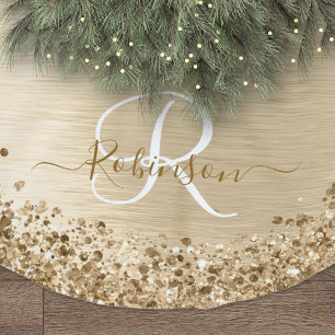 Faux Gold Brushed Metal Glitter Print Monogram Nam Polyester Tree Skirt