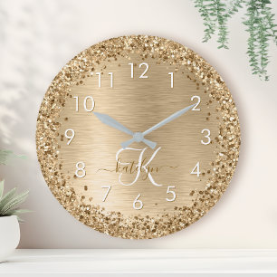Faux Gold Brushed Metal Glitter Print Monogram Nam Round Clock
